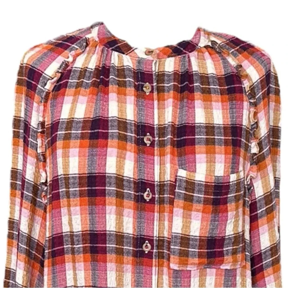 PILCRO Anthropologie Plaid Flannel Button Down Shirt Western Boho Ruffle Trim M - Picture 3 of 16